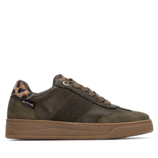 A dark green Refresh women’s trainer featuring a non-slip rubber sole, leopard print detail on the heel, and coordinating green laces.