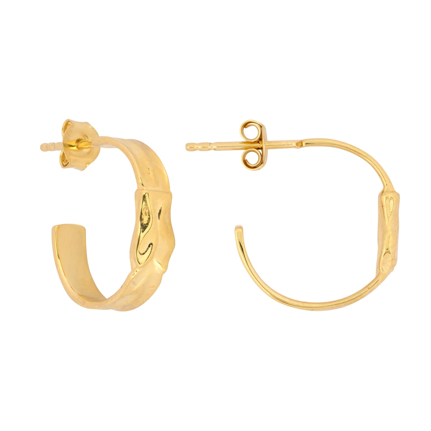 Pair of gold-plated hoop earrings with a textured, wavy design. One earring is displayed from the front, the other from the side, both featuring post and butterfly fastenings for secure wear.