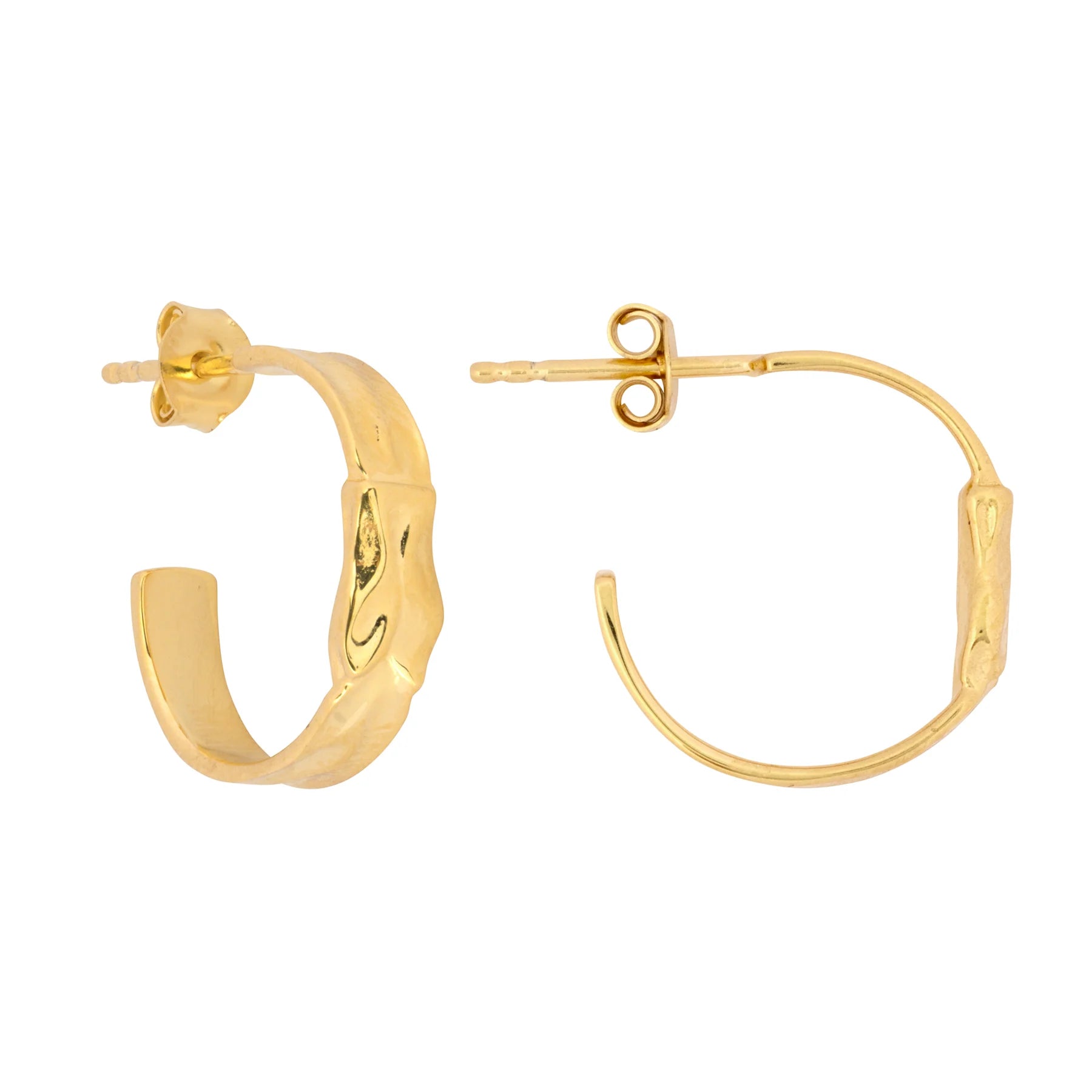 Pair of gold-plated hoop earrings with a textured, wavy design. One earring is displayed from the front, the other from the side, both featuring post and butterfly fastenings for secure wear.
