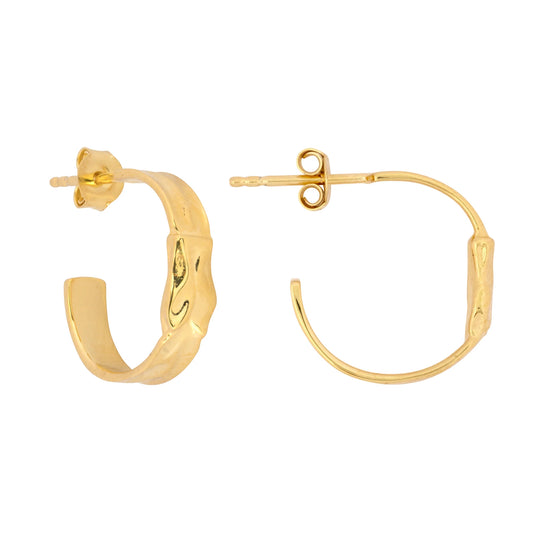Pair of gold-plated hoop earrings with a textured, wavy design. One earring is displayed from the front, the other from the side, both featuring post and butterfly fastenings for secure wear.