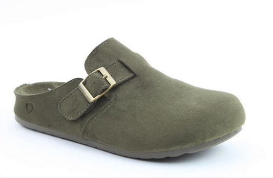 Olive green suede clog with a closed toe, open back, and gold buckle strap at the side—this vegan-friendly shoe is ideal as a stylish indoor/outdoor slipper. Photographed against a plain white background.