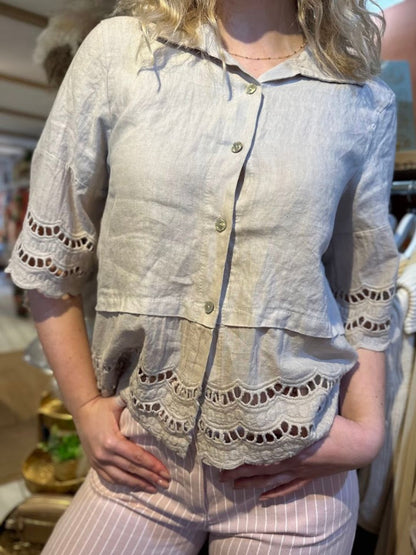 Person wearing a light-coloured broderie anglaise blouse with lace trim and striped trousers, standing indoors with hands on hips.