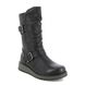 Black mid-calf boots with decorative double buckles and a low wedge heel, featuring a textured sole and a smooth vegan leather finish.