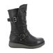 Black mid-calf boots with two decorative buckles and a textured rubber sole, displayed in side profile against a white background. These stylish double-buckle boots are ideal for any outfit.