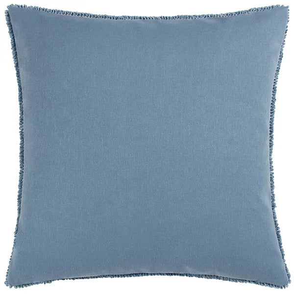 Square blue polyester cushion featuring a simple design and fringed edges, ideal for adding a cosy touch to your home décor. Shown against a white background.