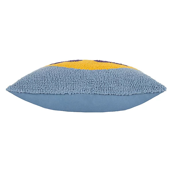A blue rectangular polyester cushion with a textured, tufted surface and a yellow design on top, perfect for adding cheerful home décor as the Smile Knitted Cushion, shown from a side view.