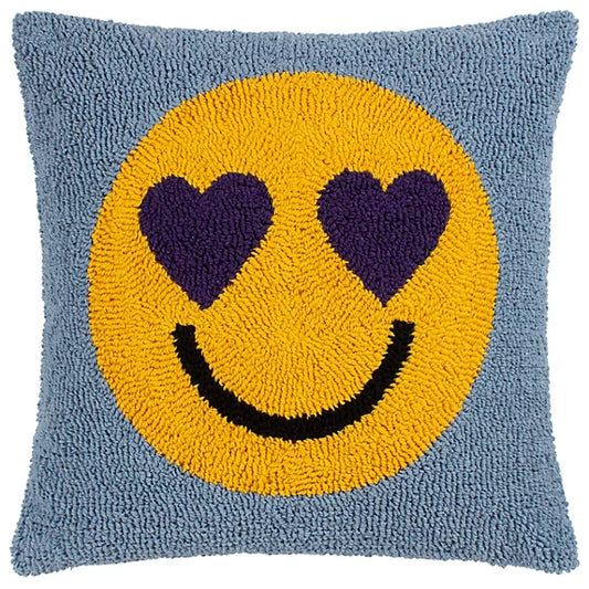 Bring a burst of cheer to your home décor with this Smile Knitted Cushion—a soft blue polyester cushion adorned with a yellow smiley face, heart-shaped eyes, and a playful black smile.