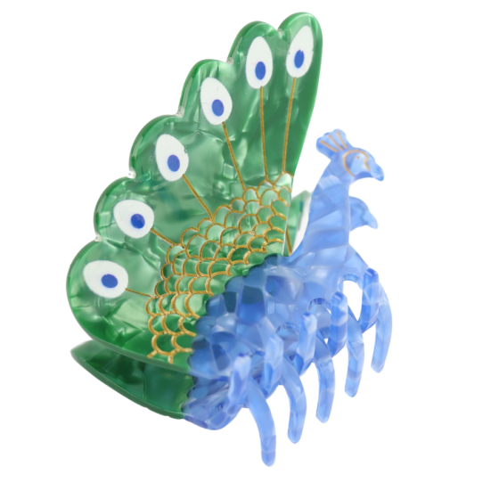 Introducing the Peacock Hair Claw Clip—a vibrant hair accessory shaped like a peacock. Its translucent blue body and green tail, adorned with eye patterns, make it a stunning addition to any hairstyle.