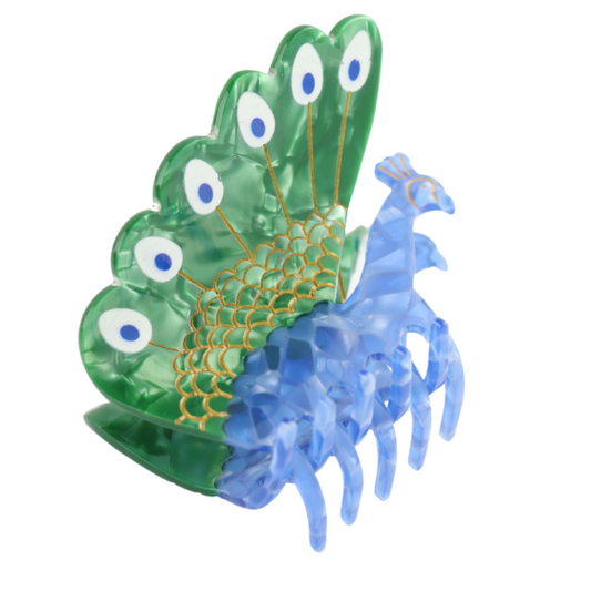 Introducing the Peacock Hair Claw Clip—a vibrant hair accessory shaped like a peacock. Its translucent blue body and green tail, adorned with eye patterns, make it a stunning addition to any hairstyle.