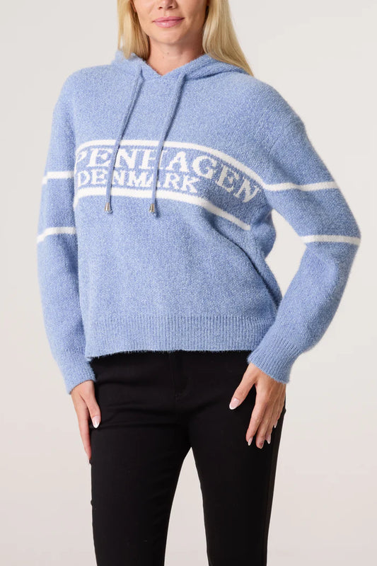 A person wearing a baby blue drawstring hoodie with 'Copenhagen Denmark' text on the front and black trousers, standing against a plain background.