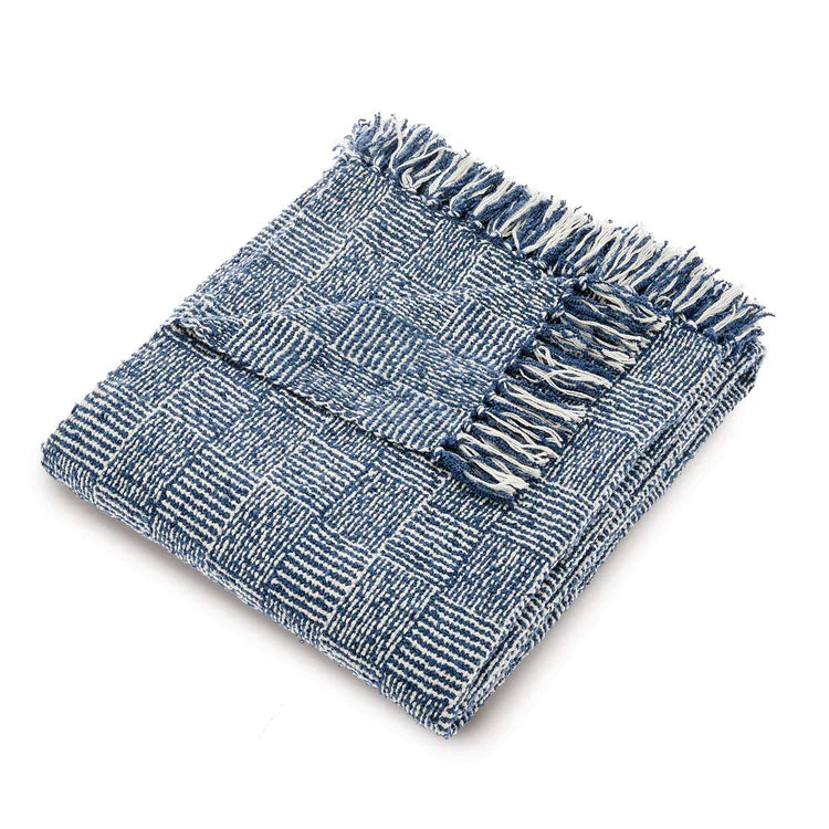 A folded blue and white woven throw blanket with a chequered pattern and fringed edges, crafted from recycled bottles, displayed on a white background.