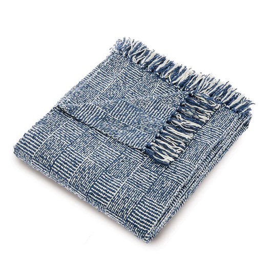 A folded blue and white woven throw blanket with a chequered pattern and fringed edges, crafted from recycled bottles, displayed on a white background.