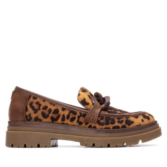 A brown loafer with a chunky sole and leopard print design, featuring a decorative knot on the front—these women’s moccasins are made from high-quality faux leather for standout style.