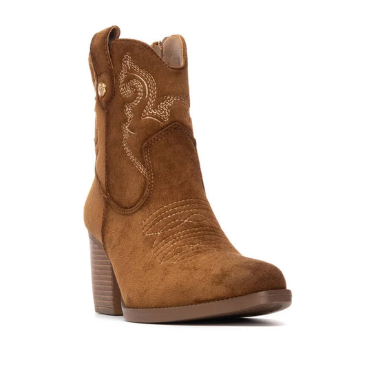 Brown suede ankle boot with a chunky stacked heel, side zip fastening, and decorative stitching on the upper—ideal ladies boots for adding a hint of cowboy-style flair to any outfit.