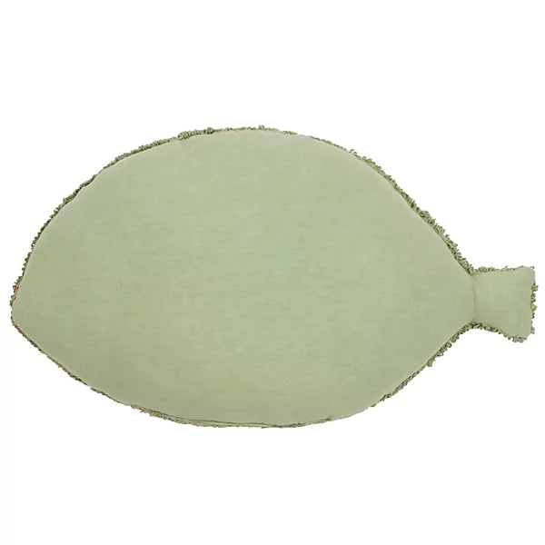 A light green, fish-shaped pillow with a simple design and textured edges, this nature-inspired cushion provides animal-friendly comfort against a white background.