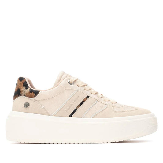 Leopard beige vegan trainers featuring a non-slip rubber sole, lace-up front, striped side detail, and a leopard print accent on the heel. PETA-approved vegan for compassionate style.