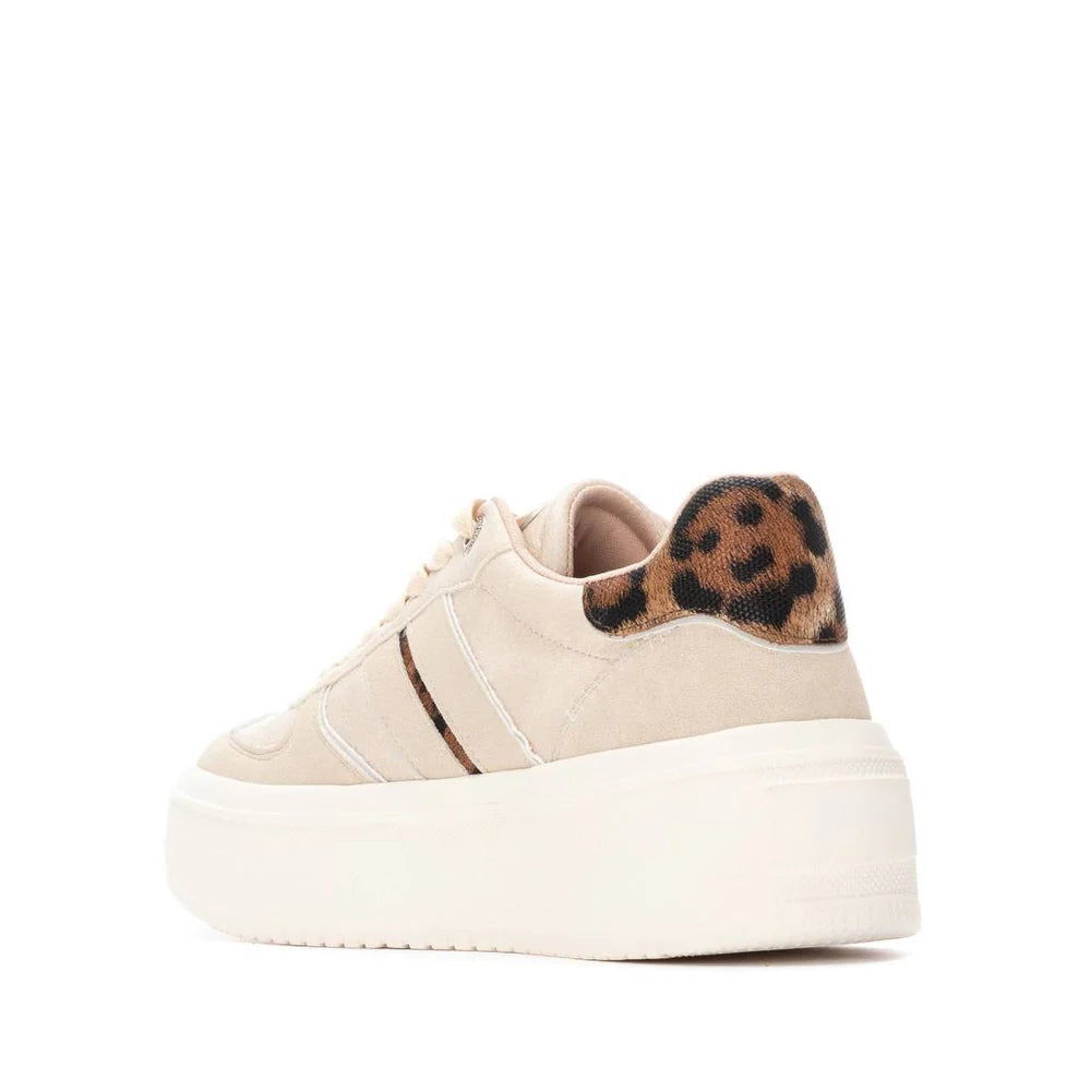 Leopard Beige Vegan Trainers with a non-slip rubber sole, subtle side stripes, and a leopard-print heel detail for both style and comfort.
