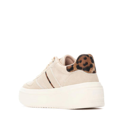 Leopard Beige Vegan Trainers with a non-slip rubber sole, subtle side stripes, and a leopard-print heel detail for both style and comfort.