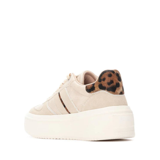 Leopard Beige Vegan Trainers with a non-slip rubber sole, subtle side stripes, and a leopard-print heel detail for both style and comfort.