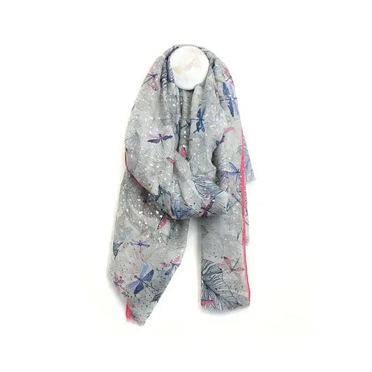 A nature-inspired accessory, this grey scarf showcases a blue and pink design, making it an ideal and stylish Silver Dragonfly Neck Scarf.