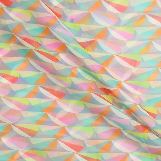 Colourful fabric featuring a repeating pattern of semi-circles in vibrant colours—pastel pink, orange, green, blue, and yellow; slightly creased and ideal as a lightweight accessory or summer scarf.
