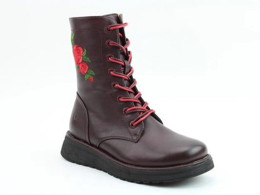 A dark red lace-up vegan-friendly boot with red laces, black sole, and red rose embroidery on the side, shown against a white background.