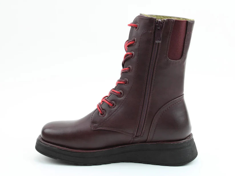 A single dark brown leather boot with red laces, a side zip, a thick black sole, and a plush memory foam insole, displayed against a white background.