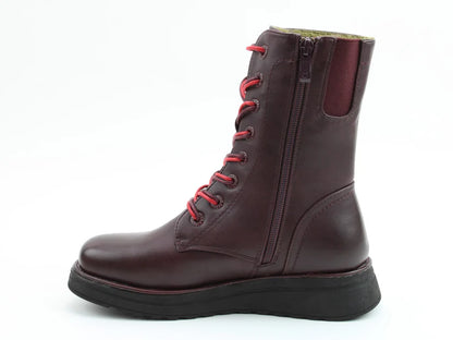A single dark brown leather boot with red laces, a side zip, a thick black sole, and a plush memory foam insole, displayed against a white background.