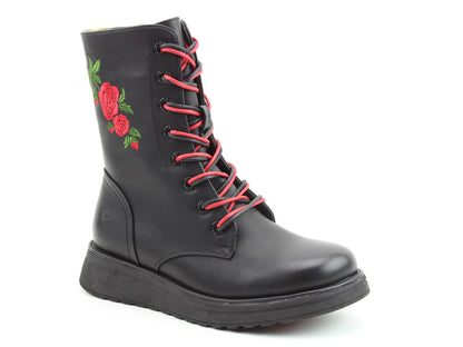 Black lace-up vegan boots with red laces, featuring an embroidered rose and green leaves on the side, plus a memory foam insole for all-day comfort, shown against a white background.