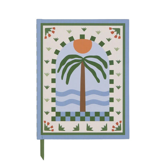 A nature-inspired journal cover showcasing a stylised palm tree, orange sun, blue waves, and a geometric border with green and red accents—ideal for your Palm Tree Journal collection.