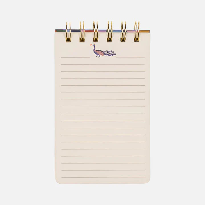 A creative notebook, this Peacock Flip Notebook features a spiral-bound design with lined pages and a small illustration of a peacock at the top centre of each page.