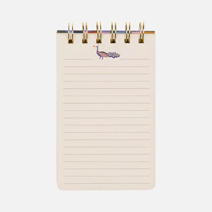 A creative notebook, this Peacock Flip Notebook features a spiral-bound design with lined pages and a small illustration of a peacock at the top centre of each page.