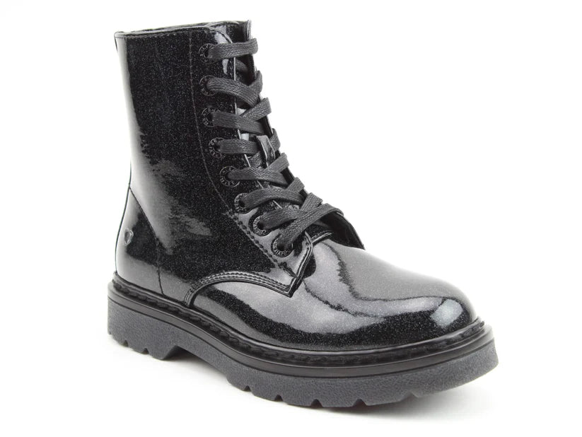 A black, shiny combat boot with laces and a thick, ridged sole is shown on a white background, featuring memory foam insoles for long-lasting comfort.