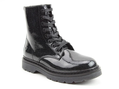 A black, shiny combat boot with laces and a thick, ridged sole is shown on a white background, featuring memory foam insoles for long-lasting comfort.
