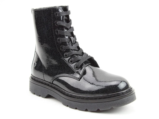 A black, shiny combat boot with laces and a thick, ridged sole is shown on a white background, featuring memory foam insoles for long-lasting comfort.