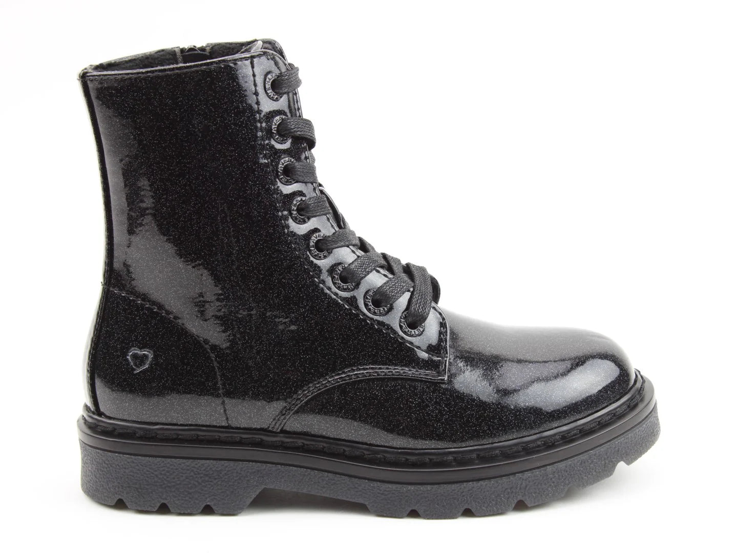 A black, shiny lace-up combat boot with a chunky sole, memory foam insoles for comfort, and a small heart detail on the side.