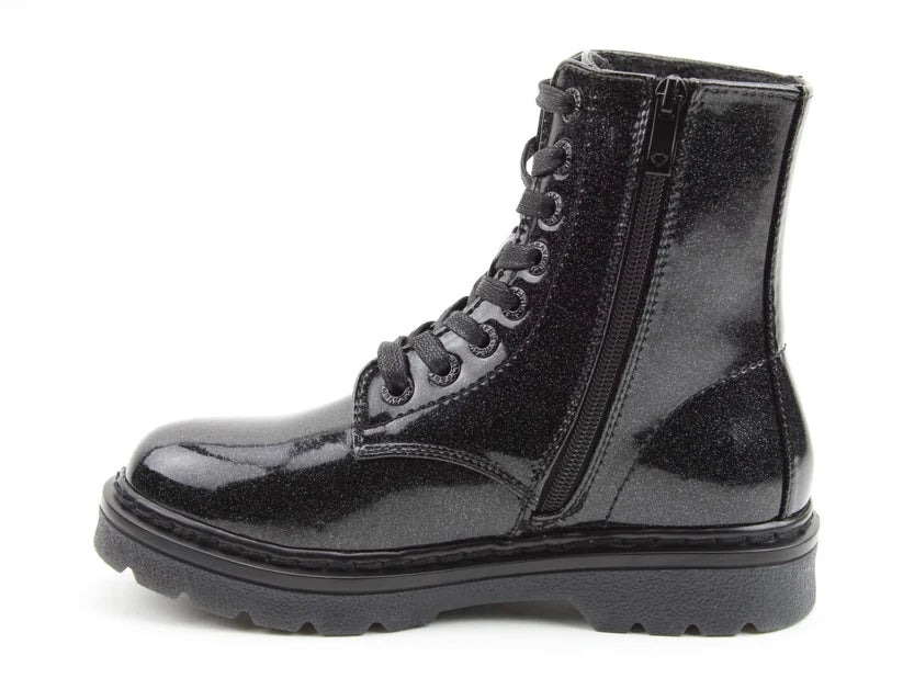 A black, shiny vegan-friendly lace-up combat boot with a side zip and a thick, textured sole, shown in profile view.