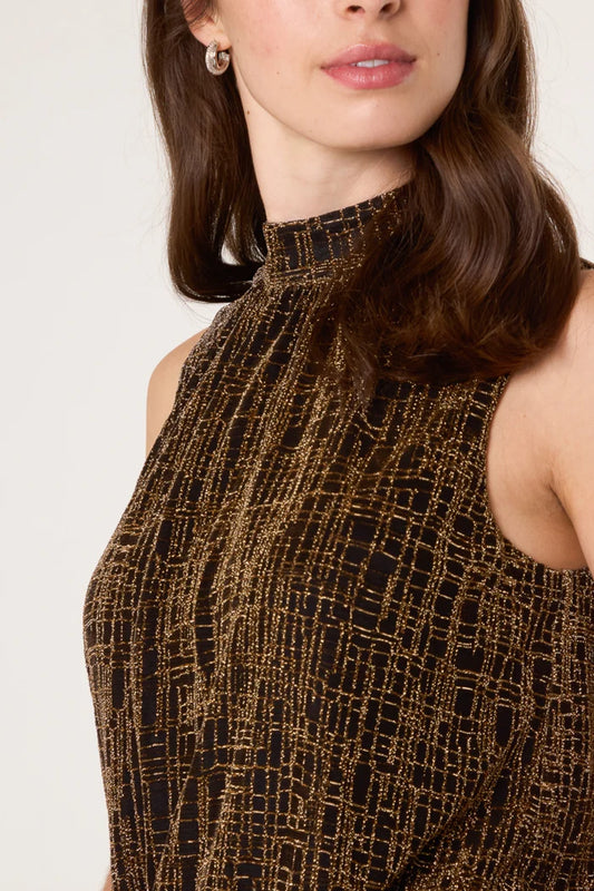 A woman wearing a sleeveless high-neck Lurex top featuring a black and gold geometric pattern, ideal for adding sparkle to any party outfit.