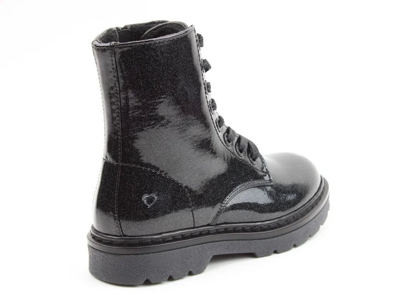 A shiny black vegan-friendly lace-up combat boot with a thick treaded sole and cushioned memory foam insoles, displayed at an angle on a white background.