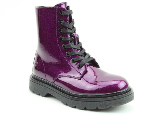 A shiny, vegan-friendly purple lace-up combat boot with black sole and laces, photographed against a white background.