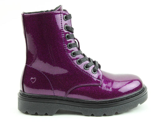 A shiny purple combat boot with black laces and a small heart detail on the side; these vegan-friendly Purple Boots glisten with style against a white background.