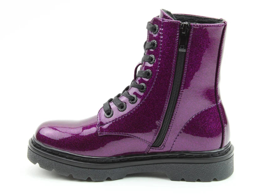A glossy purple combat boot with black laces, a side zip, and a thick black sole; these vegan-friendly Purple Boots are displayed in profile against a white background.