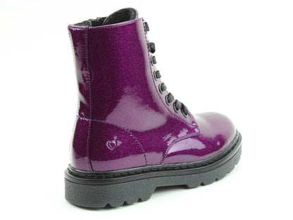 A shiny purple lace-up boot with a chunky black sole, displayed at an angle to show the side and back—these vegan-friendly Glitter Ankle Boots add sparkle to any outfit.