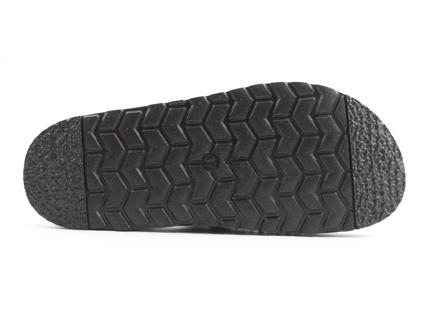The image shows the underside of a Black Sequin Sandal sole, featuring a zigzag tread pattern and textured edges, crafted from vegan-friendly materials.