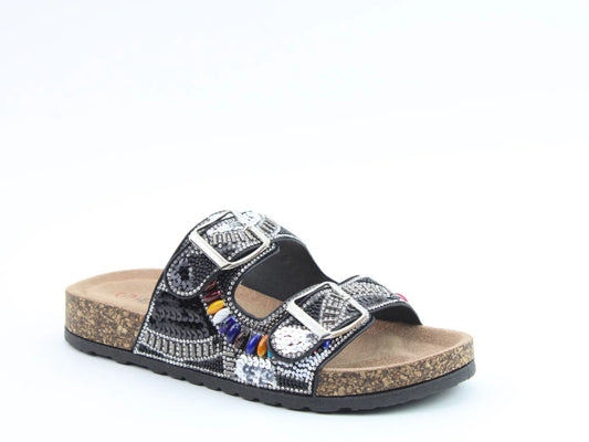 A handcrafted black sequin sandal featuring two silver buckles, a cork sole, and decorative beads and sequins on a black upper, made from vegan-friendly materials, displayed against a white background.