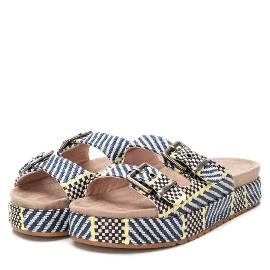 These Navy Beach Sandals boast a platform sole, woven straps in blue, yellow, black and white patterns, and a stylish double-buckle sandal design for a striking summer look.