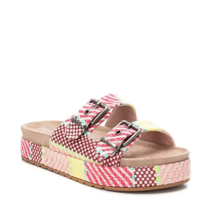 A platform sole sandal featuring two adjustable buckle straps in a multicoloured woven pattern and a textured beige footbed—ideal double buckle sandals for any outfit.