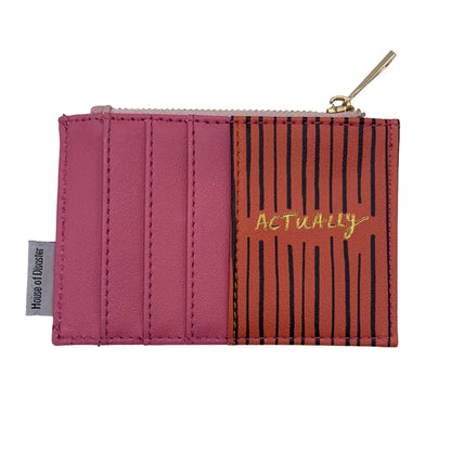A zippered cardholder with pink and brown panels, black vertical stripes, gold zip, and the word ACTUALLY embossed in gold—this cheeky zip purse makes a brilliant tongue-in-cheek gift.