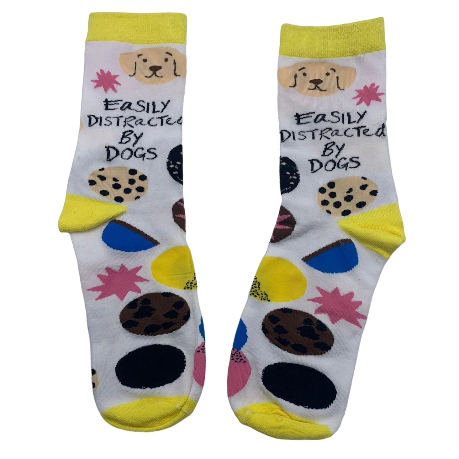 A pair of white bamboo socks with yellow toes and cuffs, featuring colourful spots, a dog face, and the wording "Easily distracted by dogs"—ideal for any dog lover or canine enthusiast.