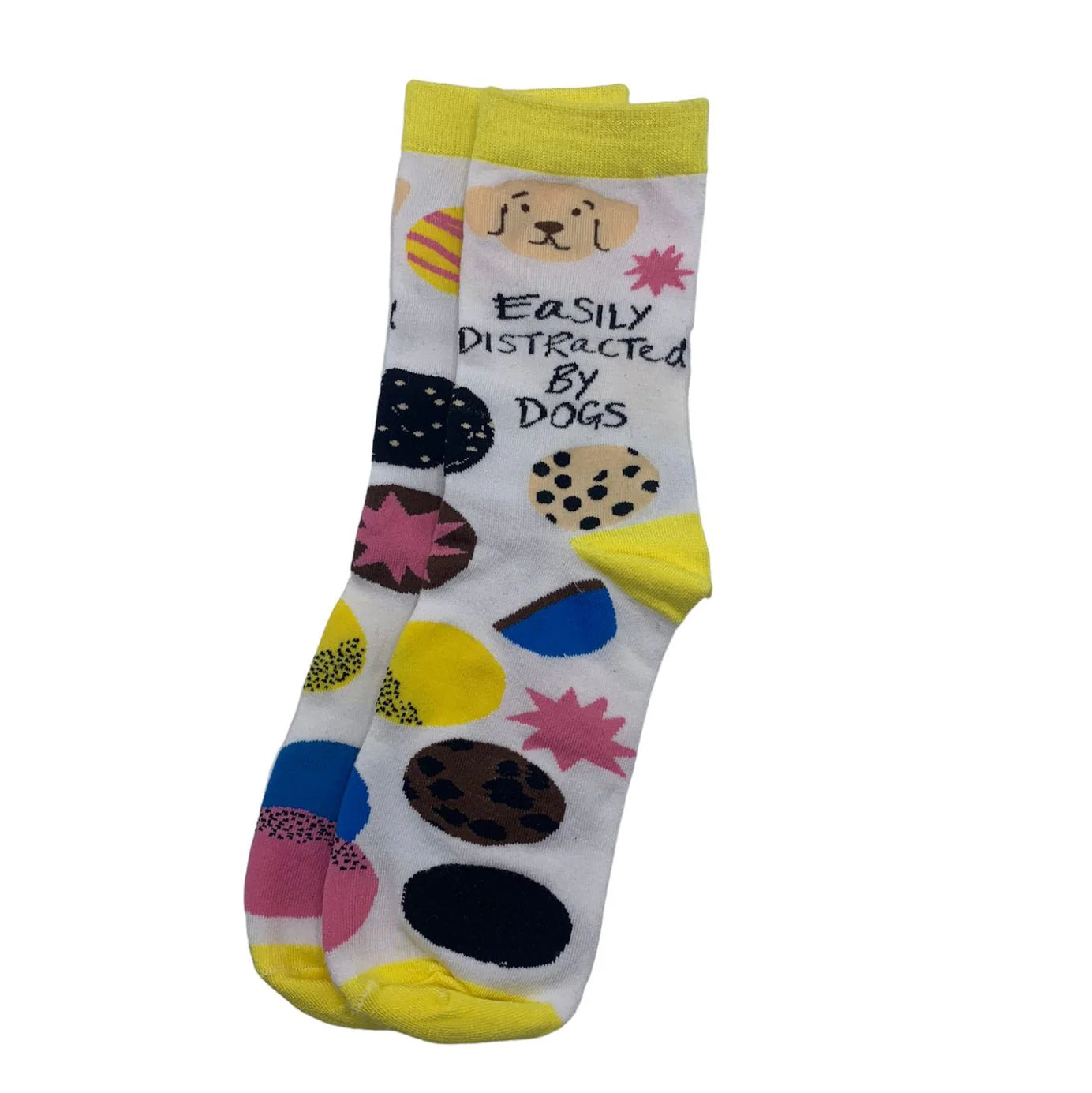 A pair of white bamboo socks with yellow cuffs and heels, featuring colourful circles and a dog illustration. The text reads Easily Distracted By Dogs—ideal for any dog lover.